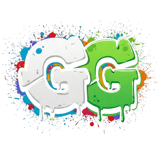 Graffiti-style art featuring the letters 'G' and 'G', with the first 'G' in white and the second in green, surrounded by colorful paint splashes on a black background.