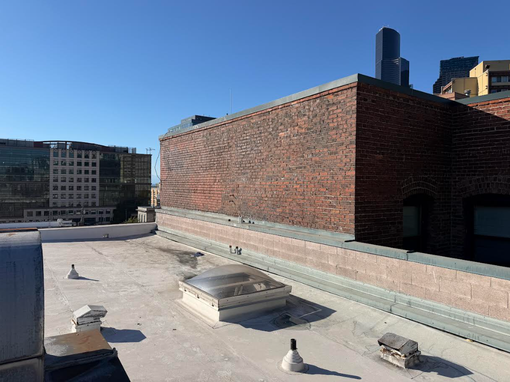 View of city rooftops with brick and flat roofs, some skylights, and taller skyscrapers in the distance under a clear blue sky.