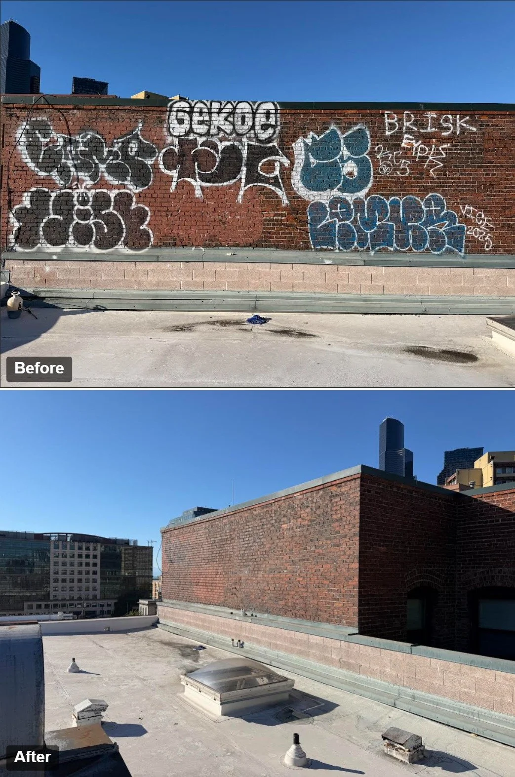 Before and after images of a city rooftop wall. The before image shows graffiti on a brick wall, and the after image shows the same rooftop with the graffiti removed, revealing an empty brick wall.