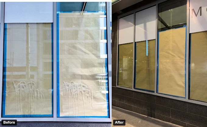 Comparison of two storefront windows, with the left labeled 'Before' showing windows covered with paper, and the right labeled 'After' showing the same windows cleaned and clear.