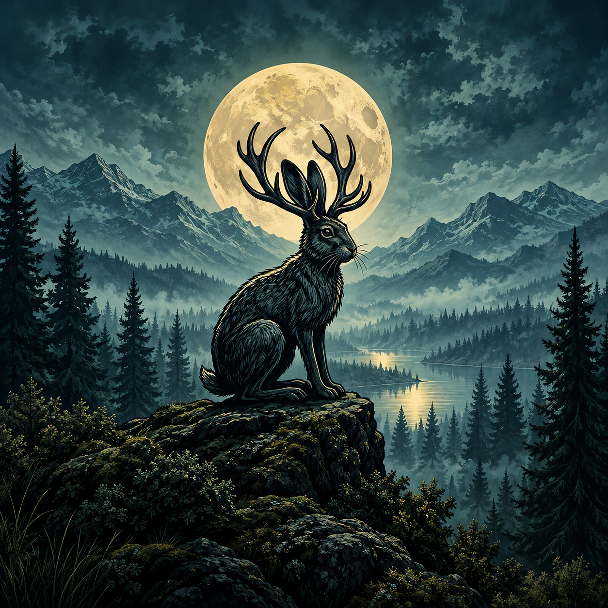 Moonlit Jackalope Over Misty Mountains
