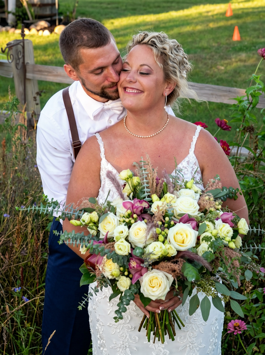 A newlywed couple in wedding attire, standing outdoors, the man gently kissing the woman's cheek, she is smiling. She holds a large bouquet of white and purple flowers, with greenery. The background features a wooden fence, grass, flowers, and orange cones.