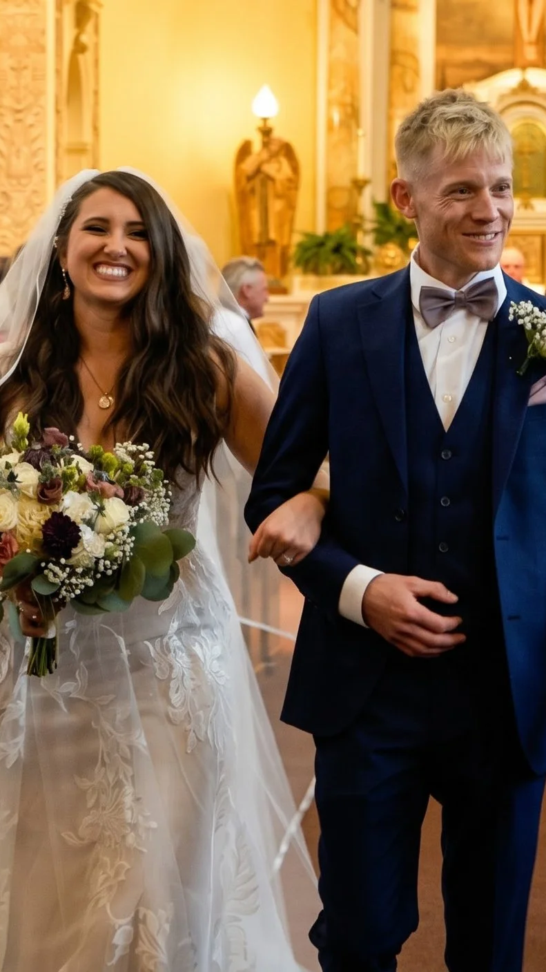 Bride and groom smiling during their wedding ceremony inside a church, with the bride holding a bouquet of flowers and the groom dressed in a dark blue suit with a bow tie.