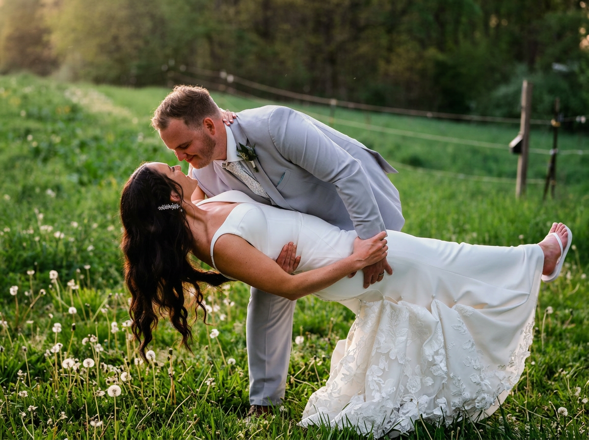 A newlywed couple dances on a grassy field filled with dandelions, with trees and a fence in the background during a sunset.