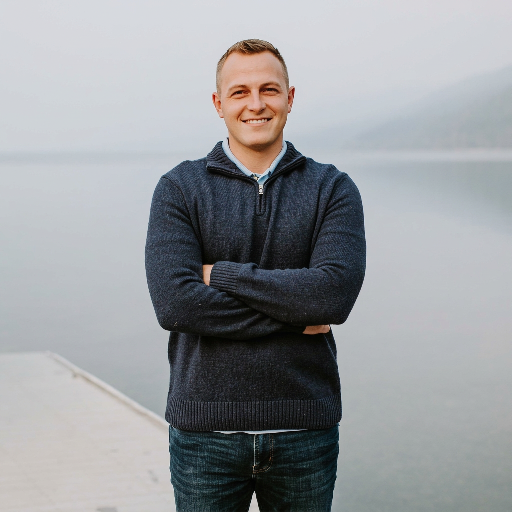A young man with short blonde hair and a smile, wearing a navy blue sweater over a collared shirt, standing with arms crossed on a dock near a body of water with mountains in the background.
