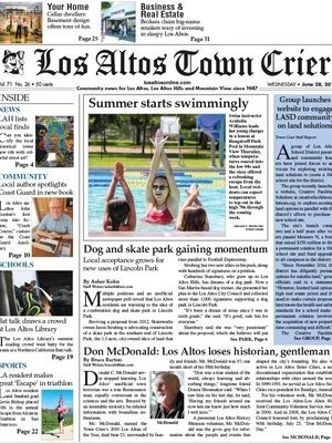 Front page of the Los Altos Town Crier newspaper dated Wednesday, June 20, 2018. The main headline reads 'Summer starts swimmingly' with an image of three people swimming in an outdoor pool. Other stories include dog and skate park gaining momentum, local coverage by John Crittenden, and an article about D. McDonald in Los Altos.