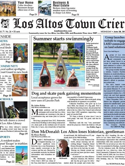 Front page of the Los Altos Town Crier newspaper, edition dated Wednesday, June 28, 2023, featuring headlines about summer swim classes, the growth of Lincoln Park’s dog and skate park, and the loss of a local historian and gentleman.