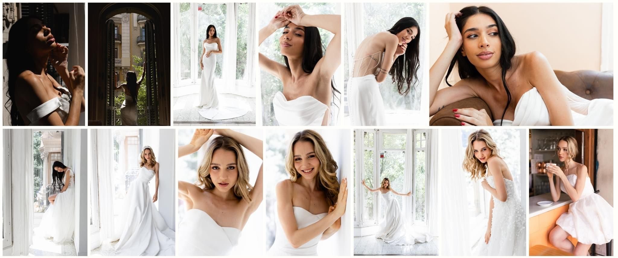 Collage of women in white dresses posed indoors and near windows, with natural light highlighting their features and dresses.