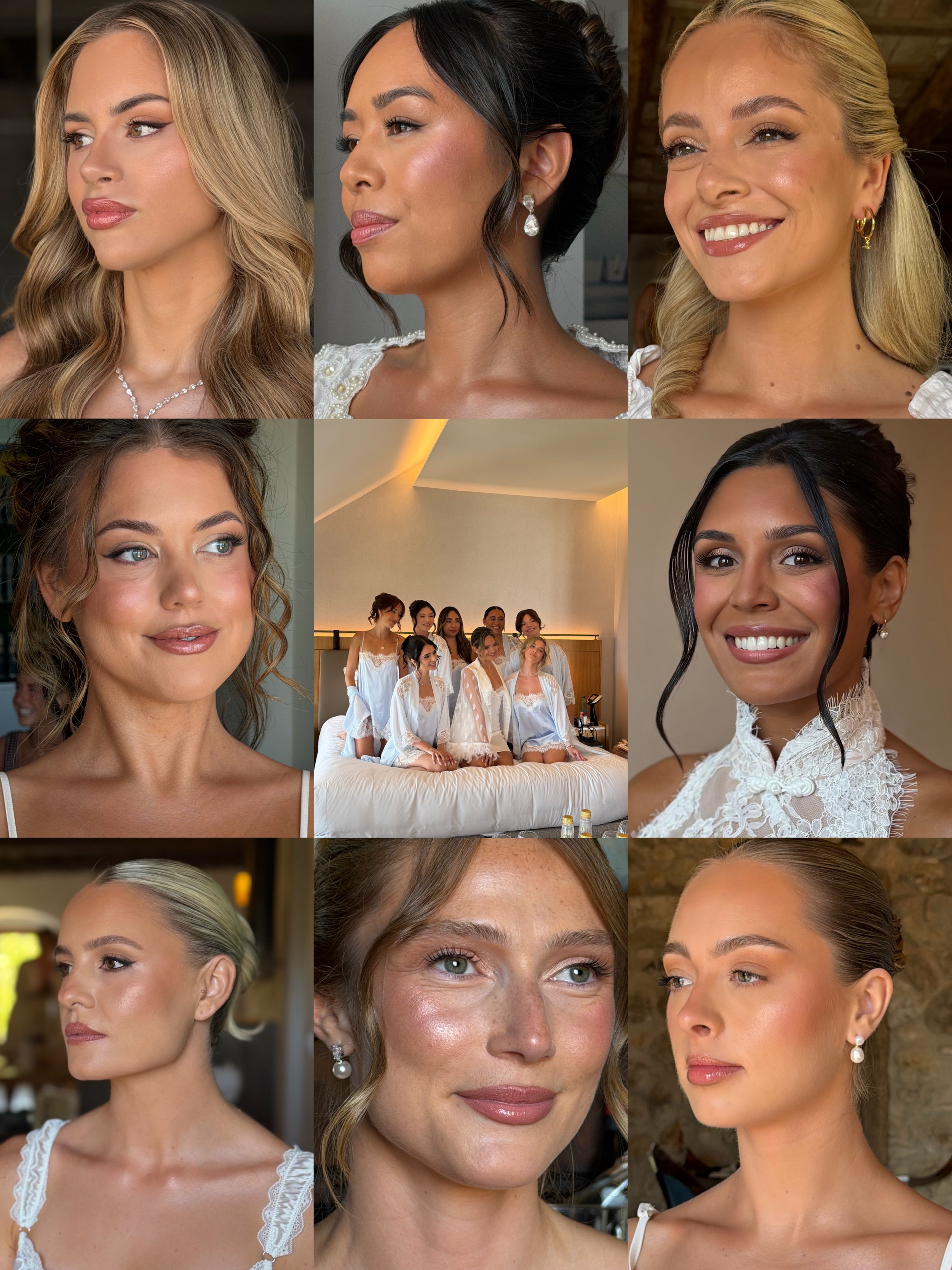 Collage of women with elegant makeup and hairstyles, some wearing jewelry, in various indoor settings. Bridal looks 