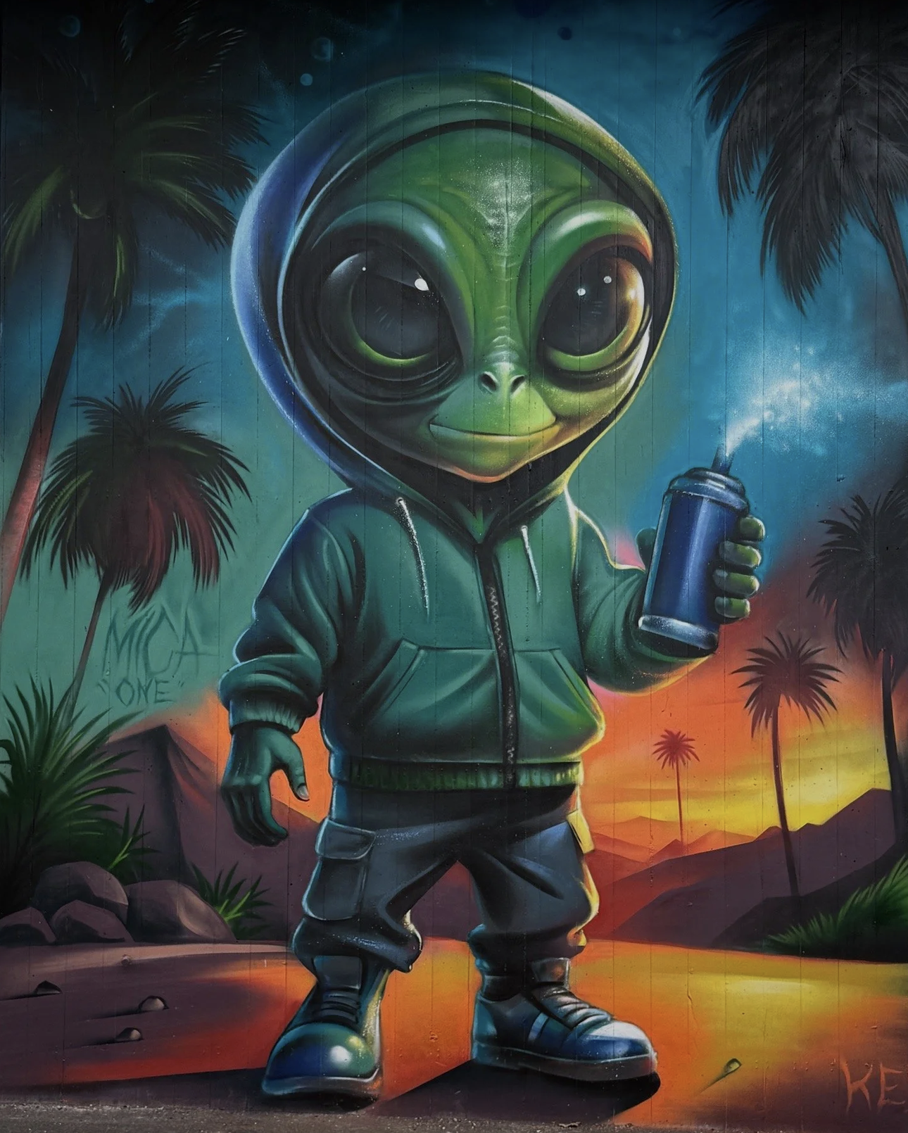 Graffiti einer Alien-Figur mit einem Hoodie, in einer palmengesäumten Wüstenlandschaft bei Sonnenuntergang, die eine Spraydose hält.