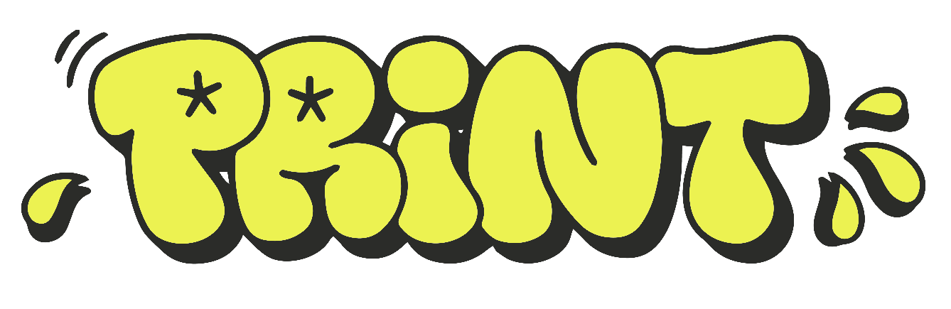 Graffiti-Schriftzug mit dem Wort 'PRINT' in leuchtend gelber Farbe, umgeben von kleinen Tropfen und Strichen.