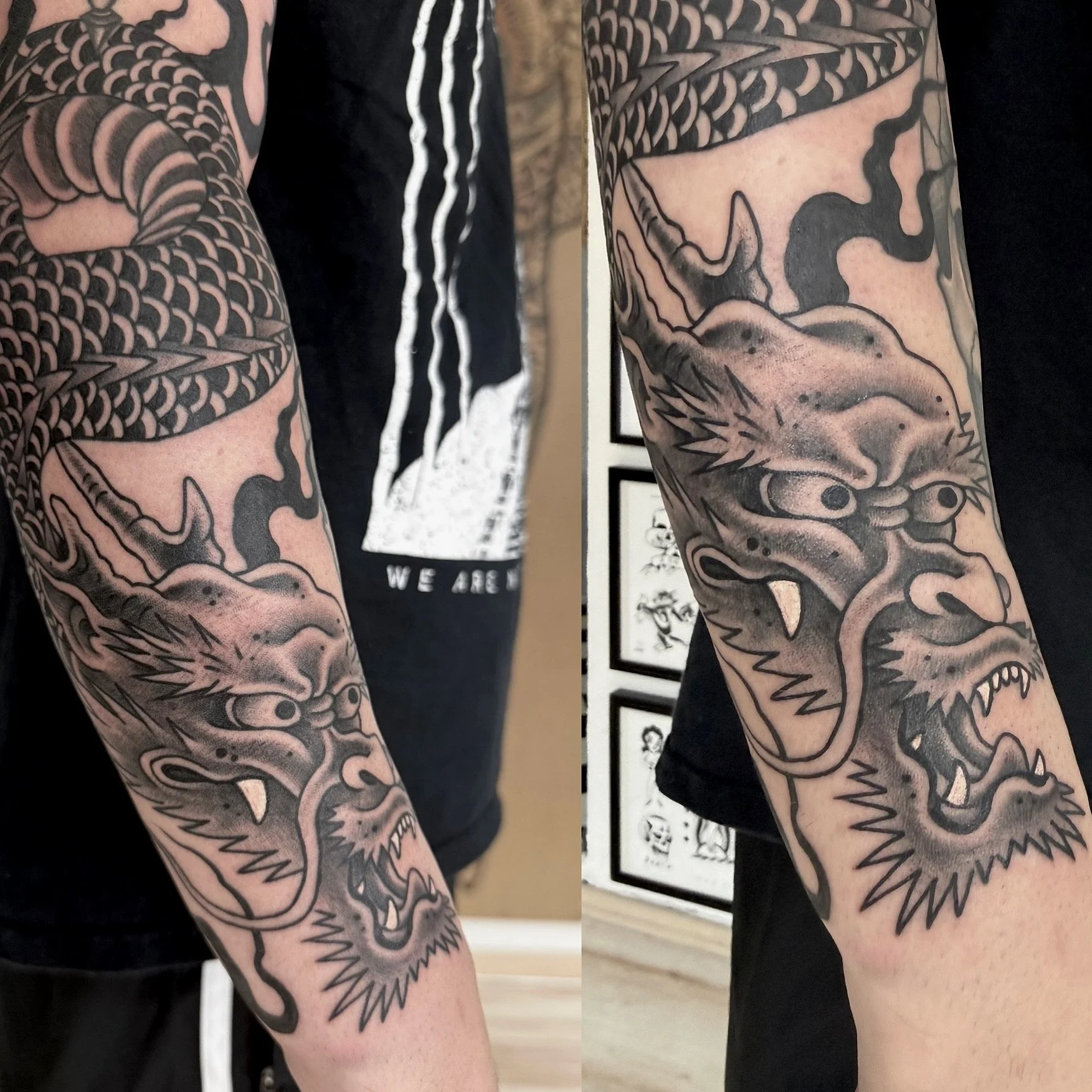 Nahaufnahme eines tätowierten Arms mit traditionellen japanischen Drachen- und Schuppenmotiven in Schwarz und Grau.