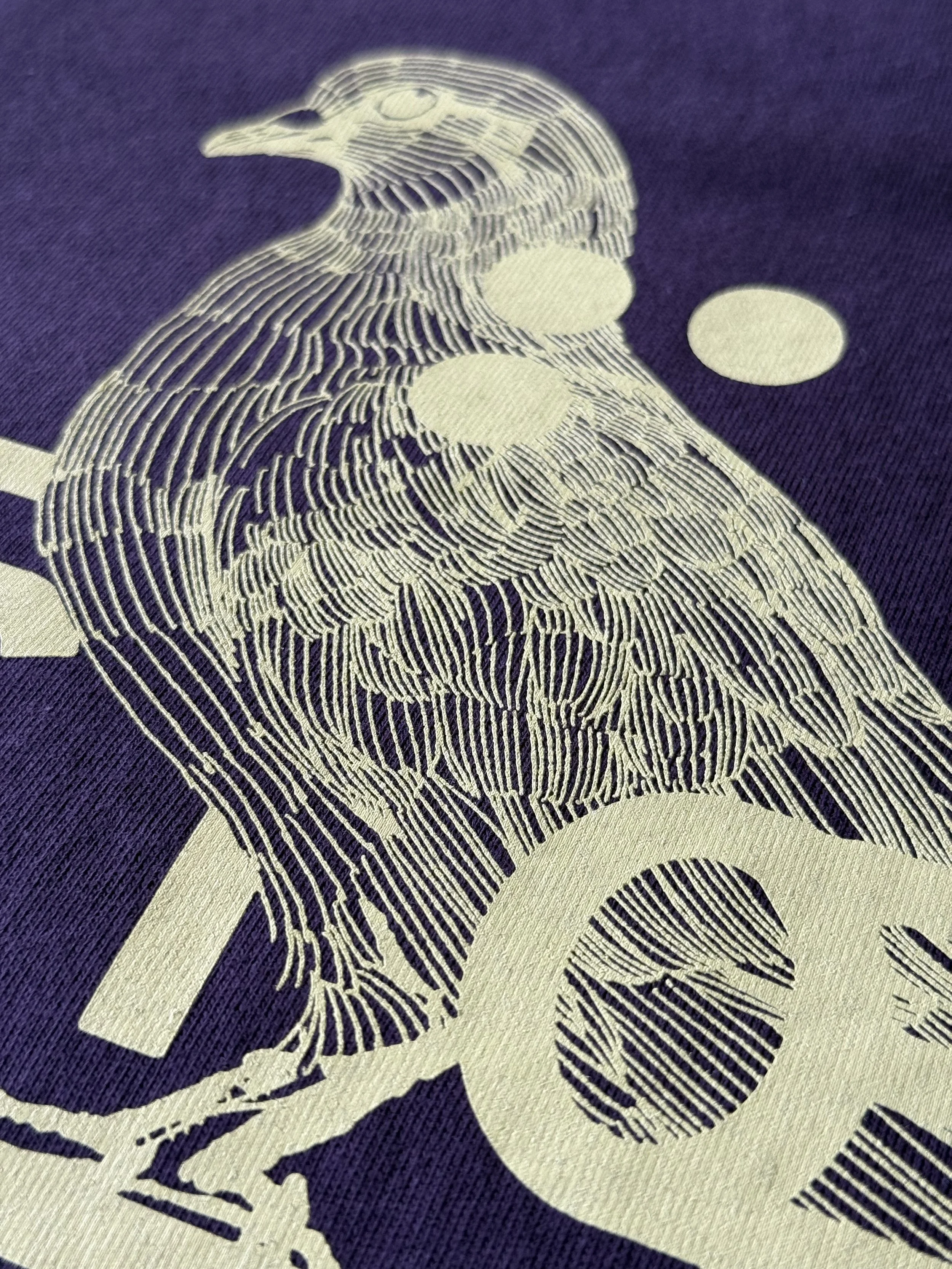 Nahaufnahme eines illustrierten Vogels mit gelbem Gefieder und violetten Streifen auf violettem Hintergrund