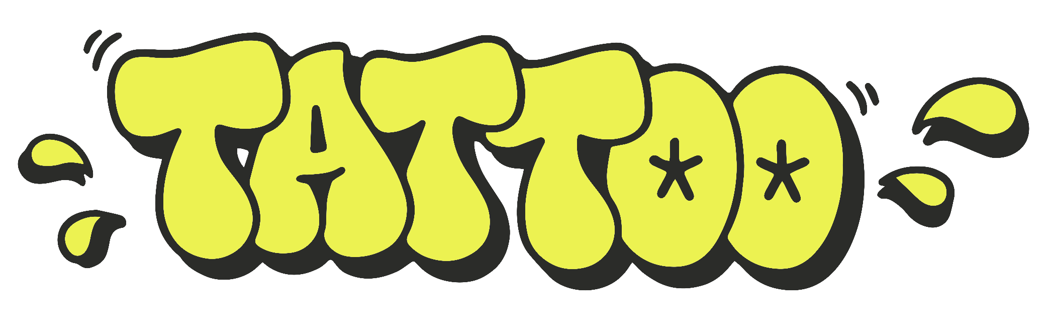Graffiti-Schriftzug mit dem Wort 'TATTOO' in gelber Farbe und schwarzen Konturen, mit kleinen Dekorationen um den Text.