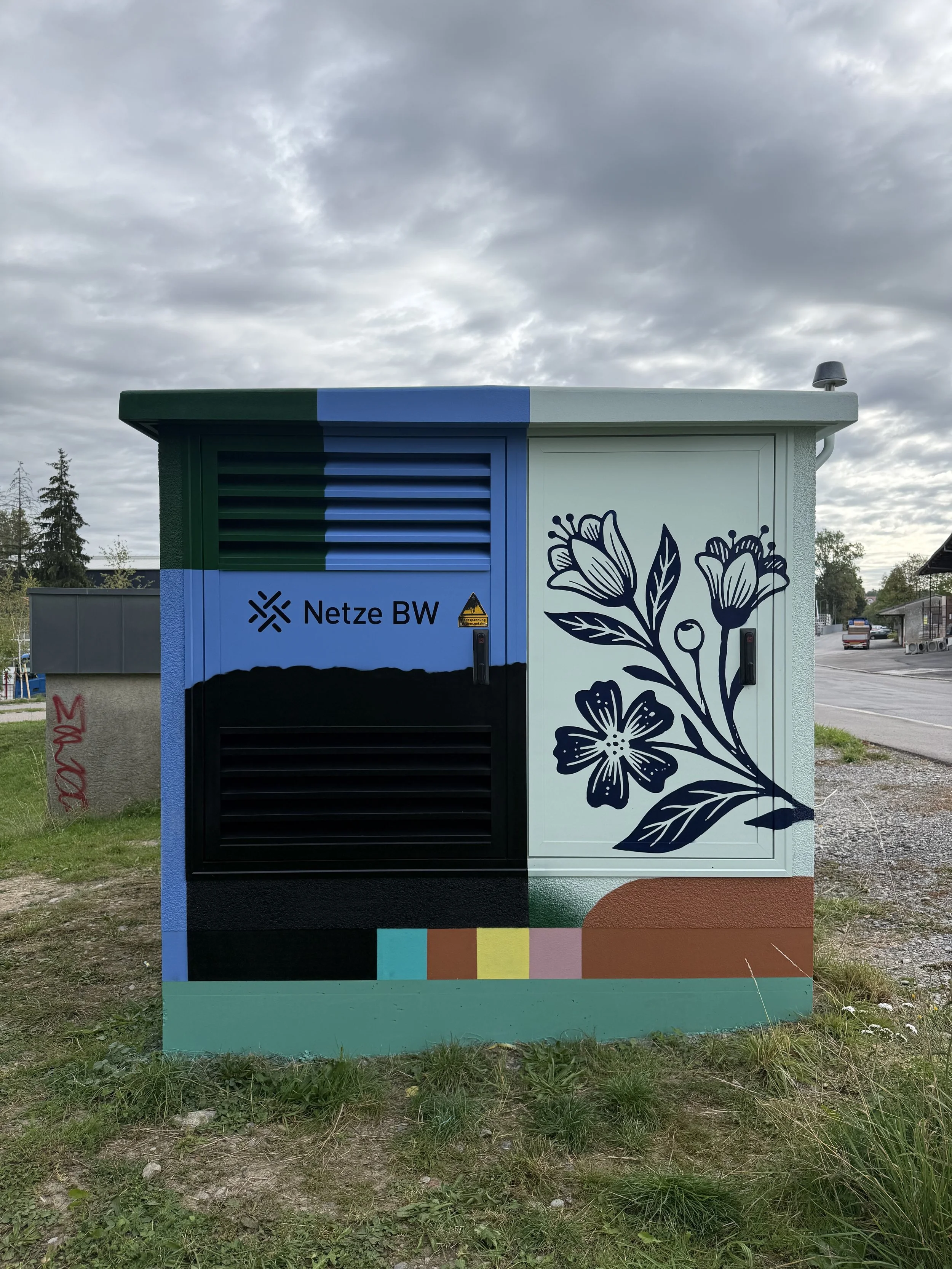 Ein bemalter Stromkasten mit blumigem Design und der Aufschrift 'Netze BW', umgeben von Gras und Bäumen, bei bewölktem Himmel.