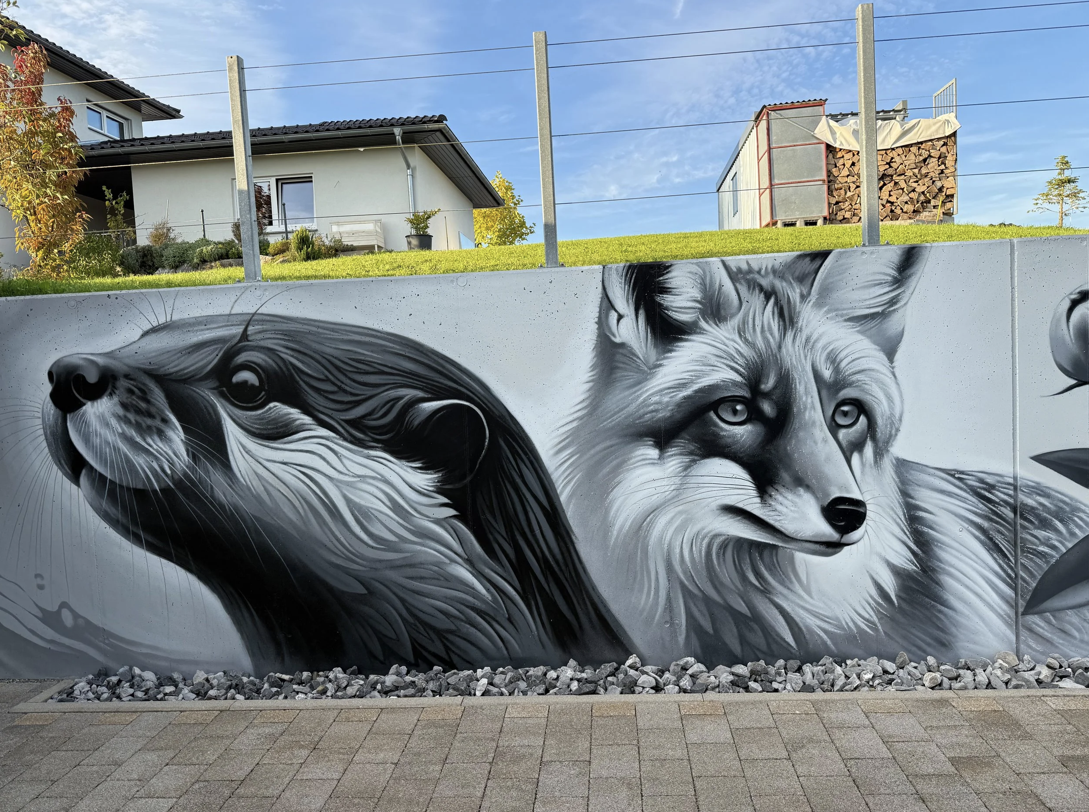 Graffiti mit Abbildungen von einem Fischotter und einem Fuchs auf einer Betonmauer.