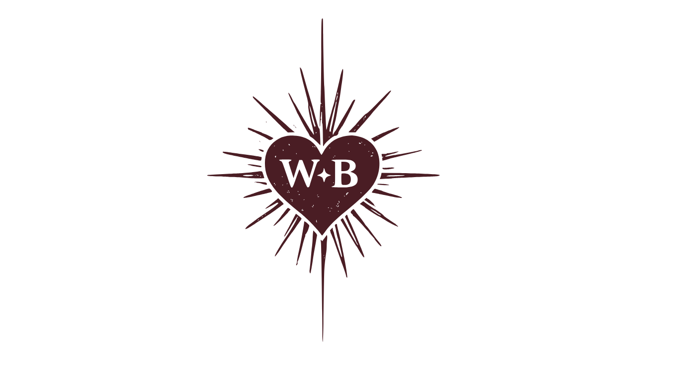 Dark red heart logo with “W+B” lettering and radiating sunburst lines on a black background
