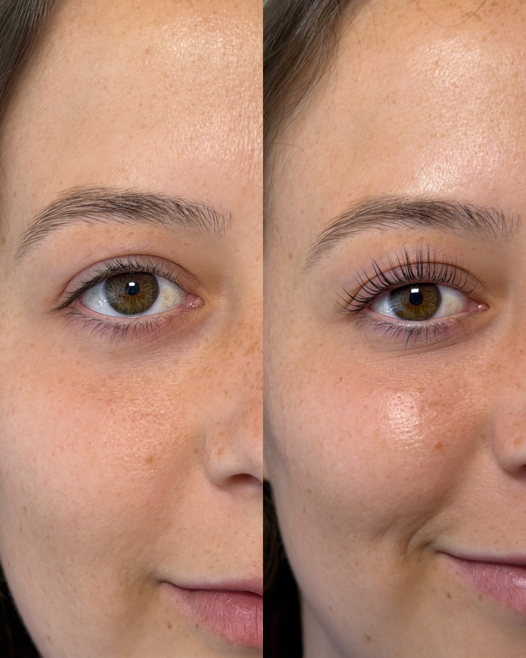 Side-by-side close-up before-and-after of a woman's eye, showing natural lashes compared with a lifted, curled lash treatment.