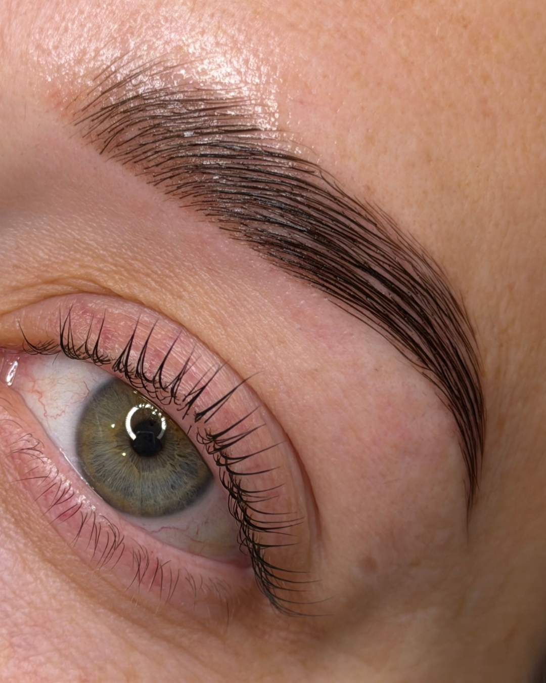 Close-up of a green-hazel eye with long curled eyelashes and a dark, defined eyebrow