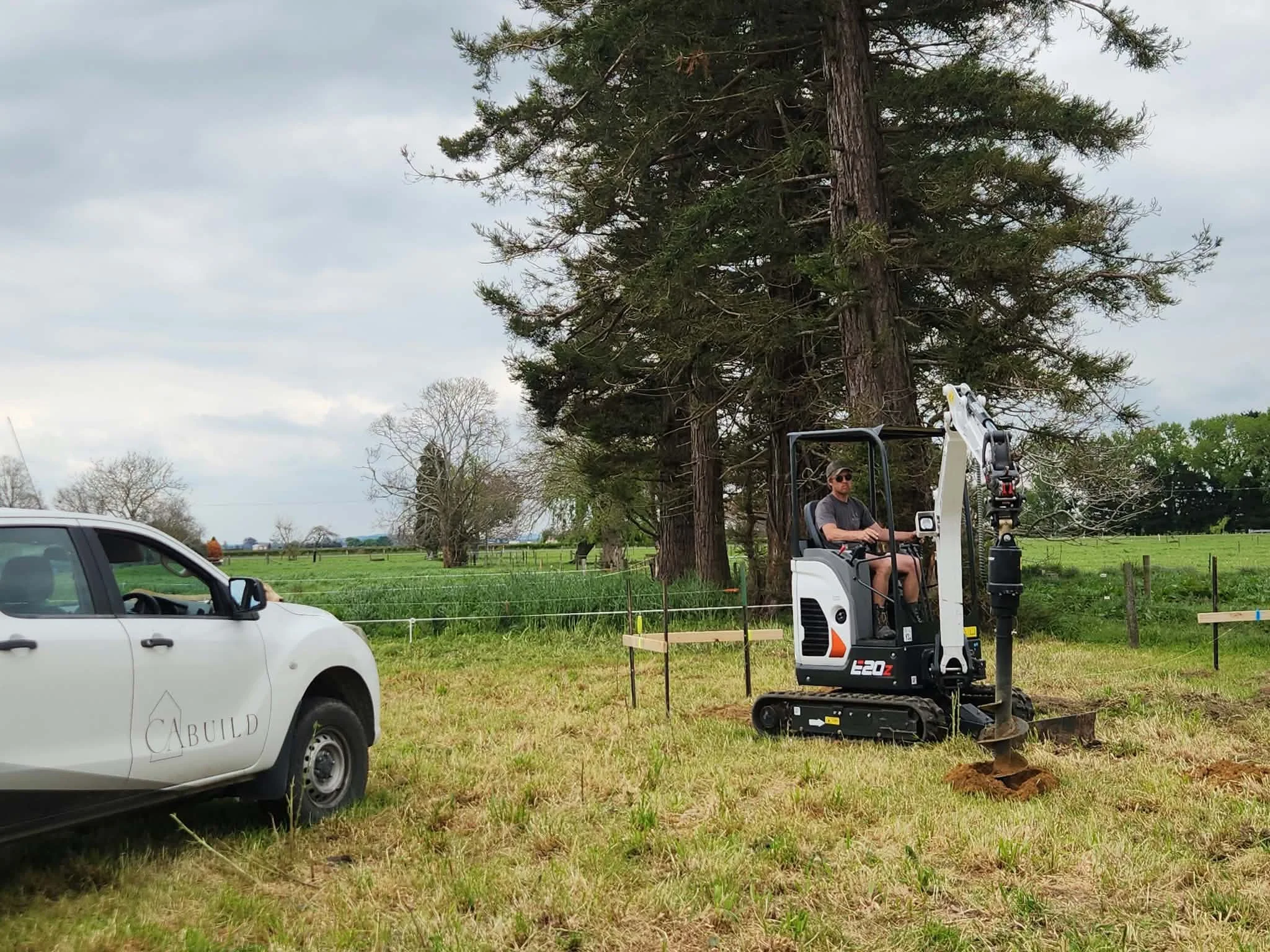 A man operating a small excavator digging around a tree on a grassy field, with a car and trees in the background under a cloudy sky.