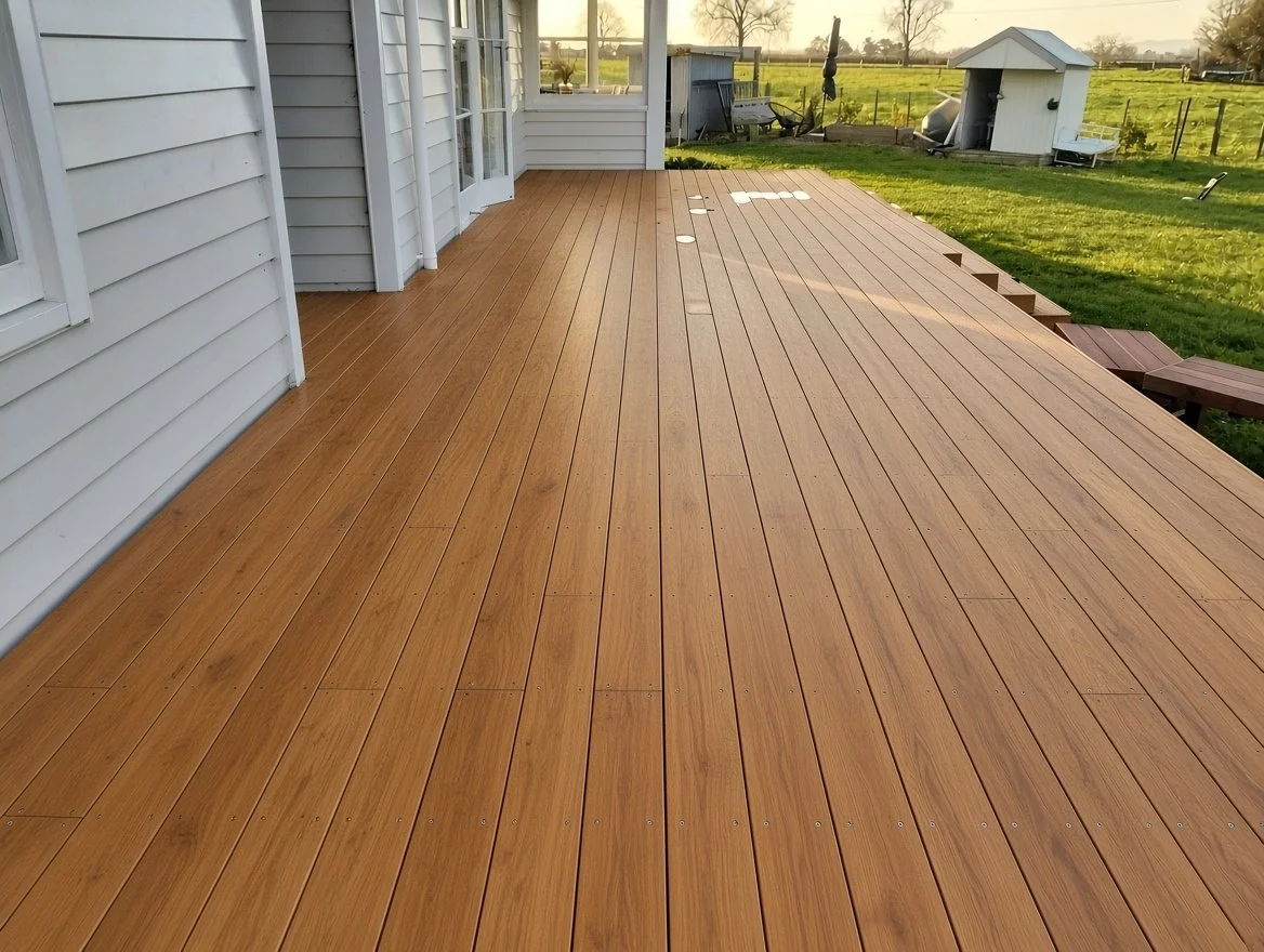 A newly installed wooden deck attached to a house with white siding, overlooking a backyard with green grass, a shed, and outdoor equipment, during sunset.