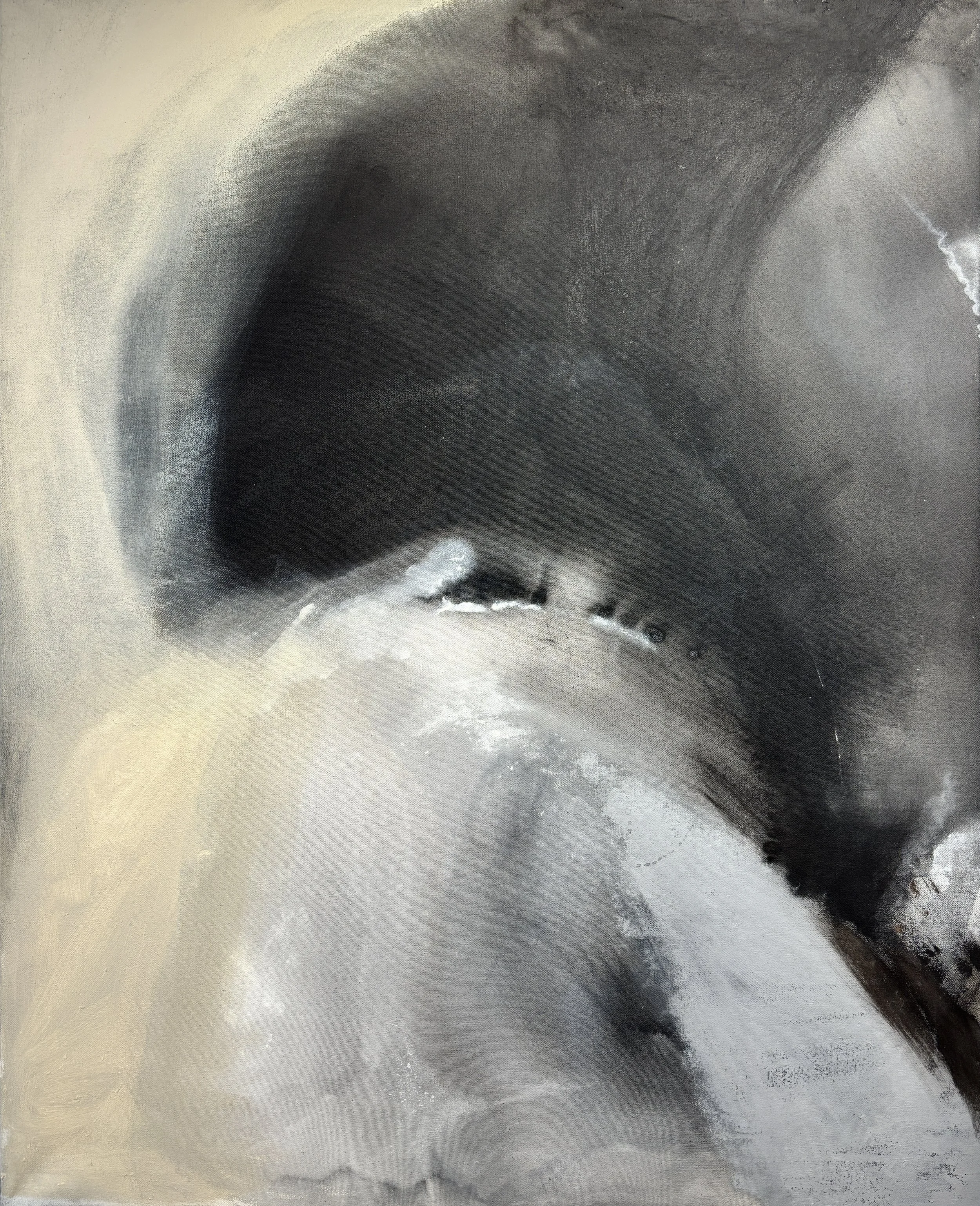 Abstract black-and-white textured artwork resembling a close-up human face.