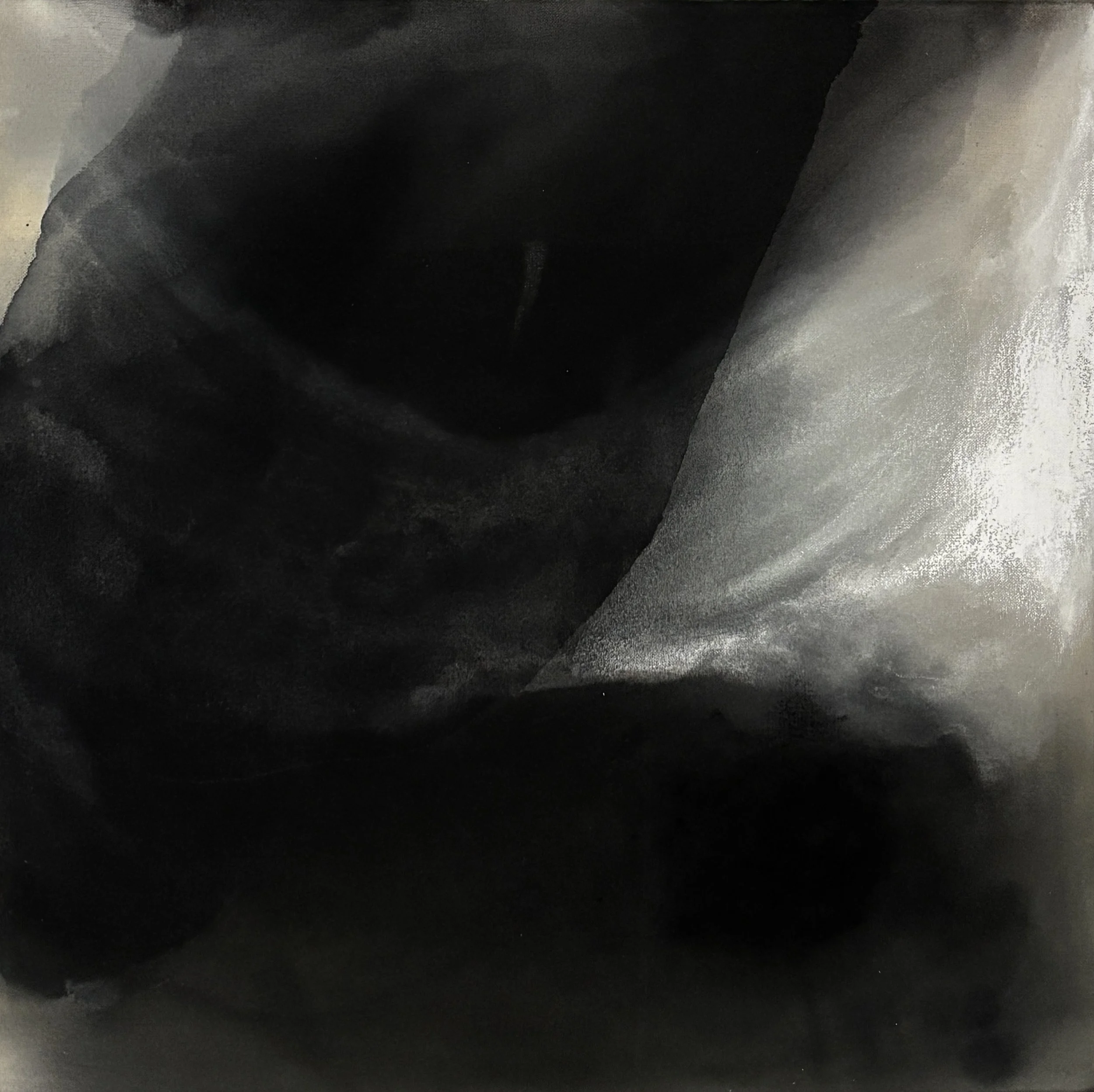 Abstract black and gray watercolor wash painting with broad overlapping brushstrokes