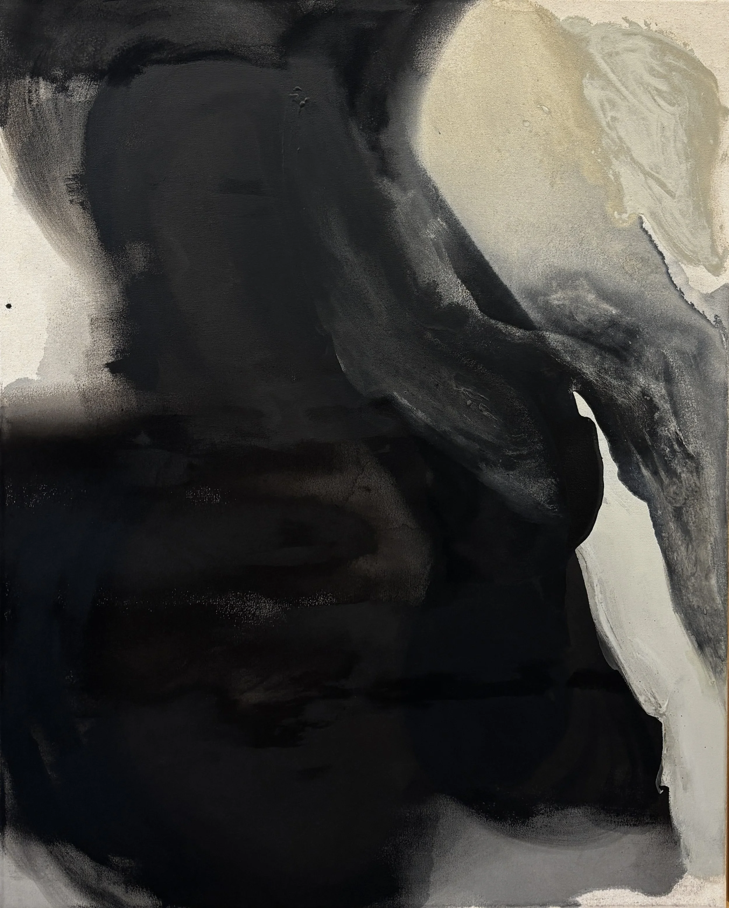 Abstract black-and-white watercolor painting with sweeping dark brushstrokes and pale textured areas