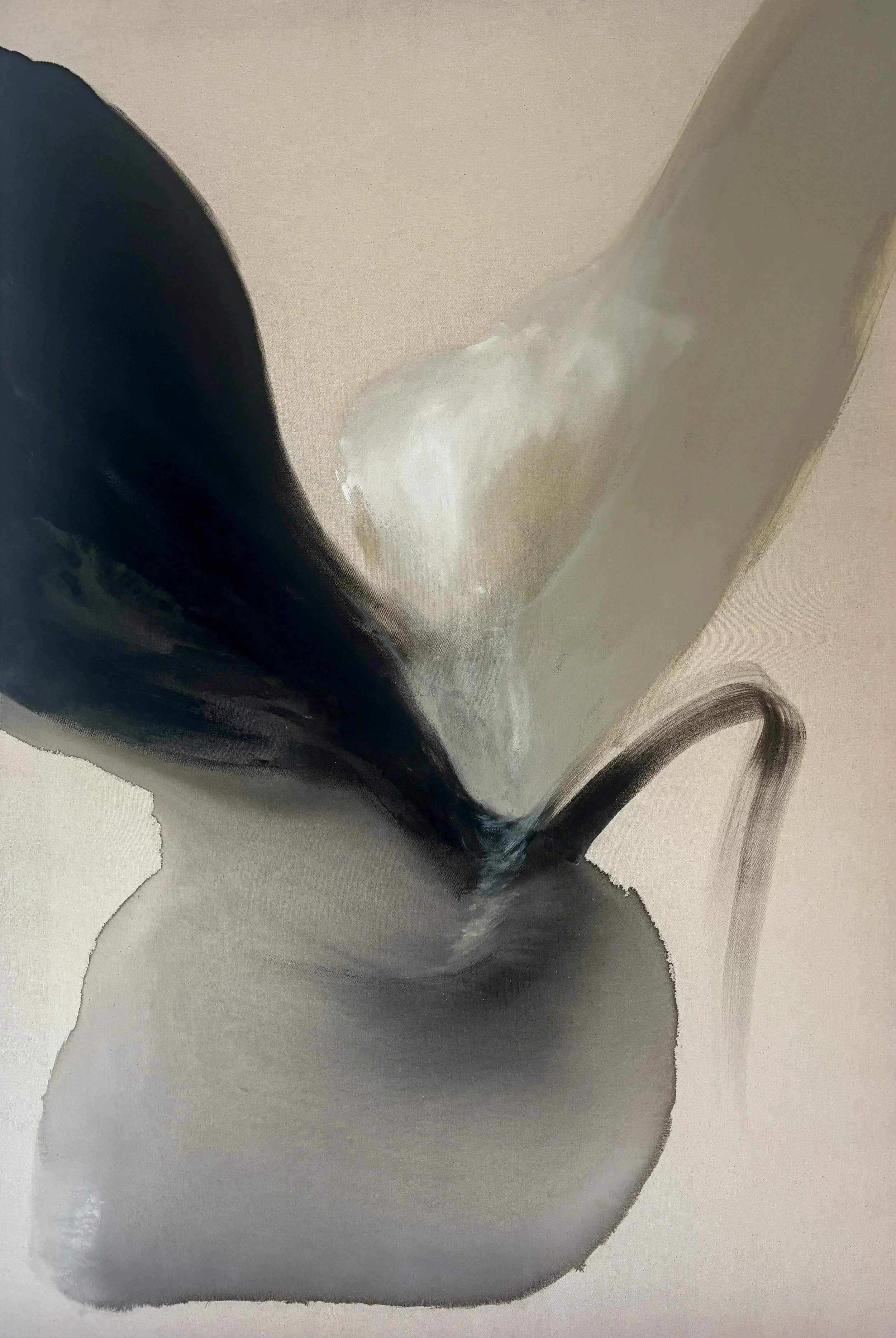 Monochromatic abstract painting of overlapping geometric shapes in black, gray, and cream