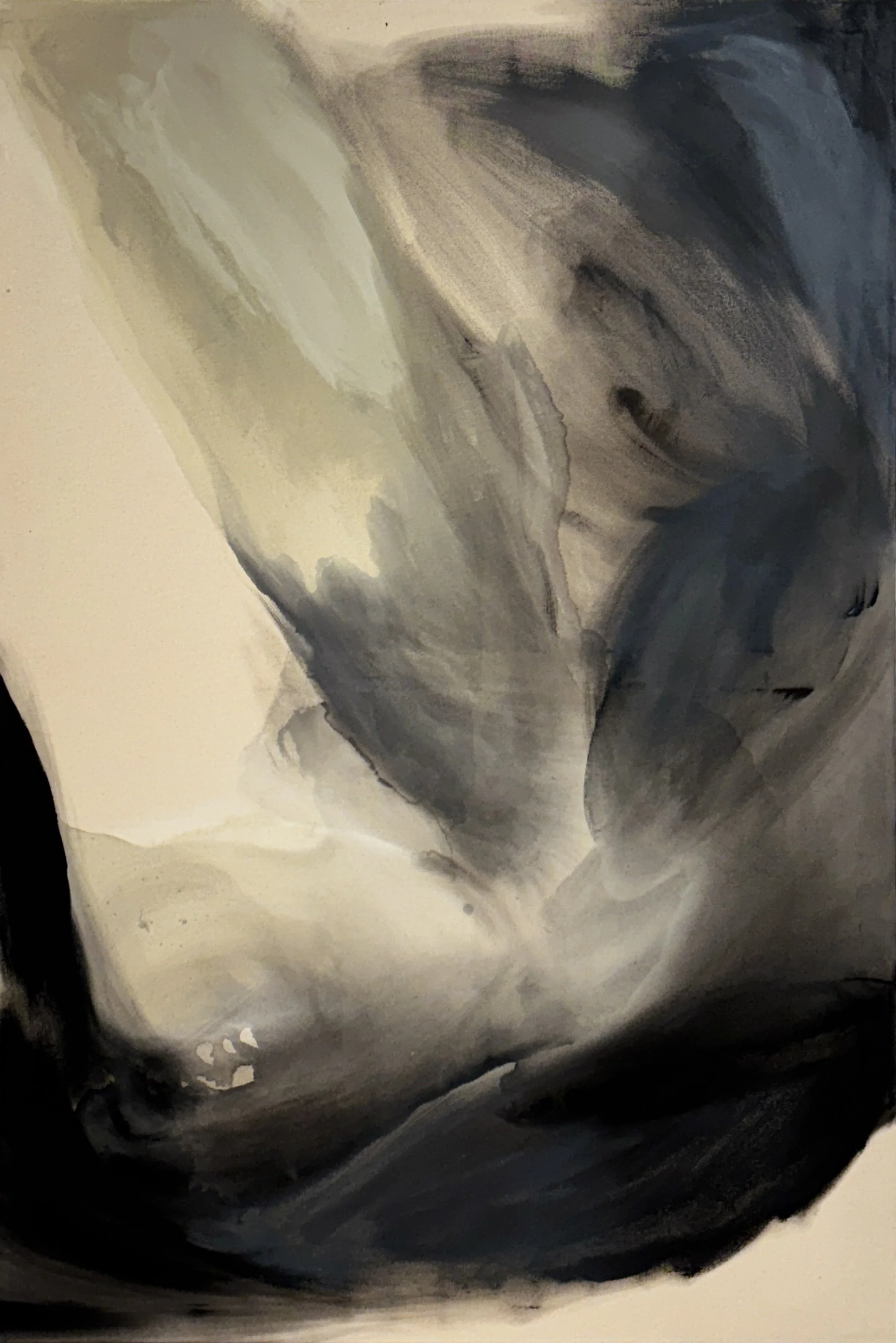 Close-up watercolor painting of a gray elephant’s face and trunk