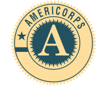 Illustration of the AmeriCorps logo featuring a large letter 'A' inside a starburst design, surrounded by a circular border with the words 'AMERICORPS' at the top.