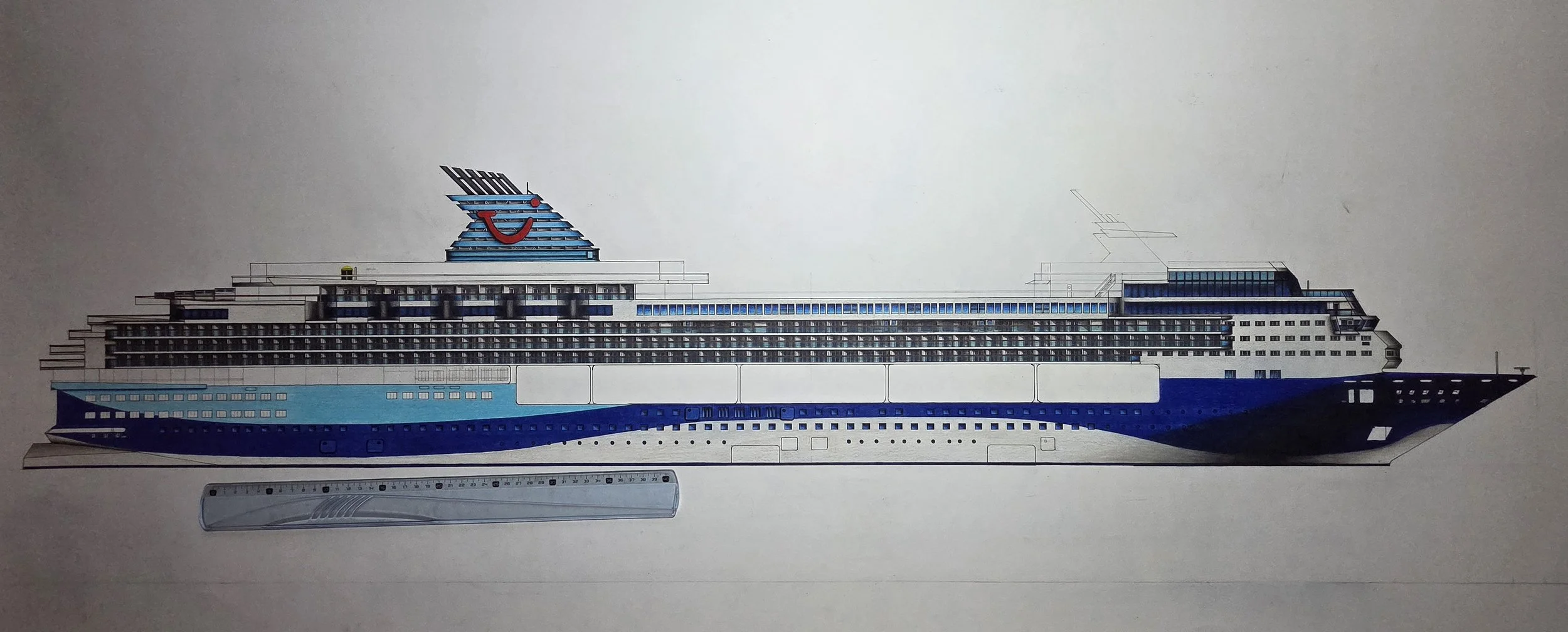 Drawing of a cruise ship with a blue and white color scheme and a red logo on the funnel, placed on a flat surface alongside a ruler for scale. Marella Explorer cruise ship for Marella cruises