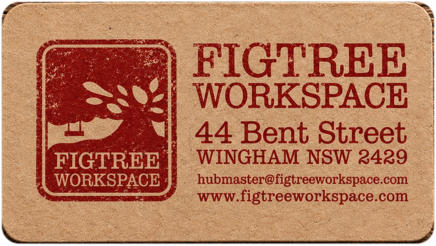 Business card for Figtree Workspace at 44 Bent Street, Wingham, New South Wales, featuring a logo with a tree and the website and email address.