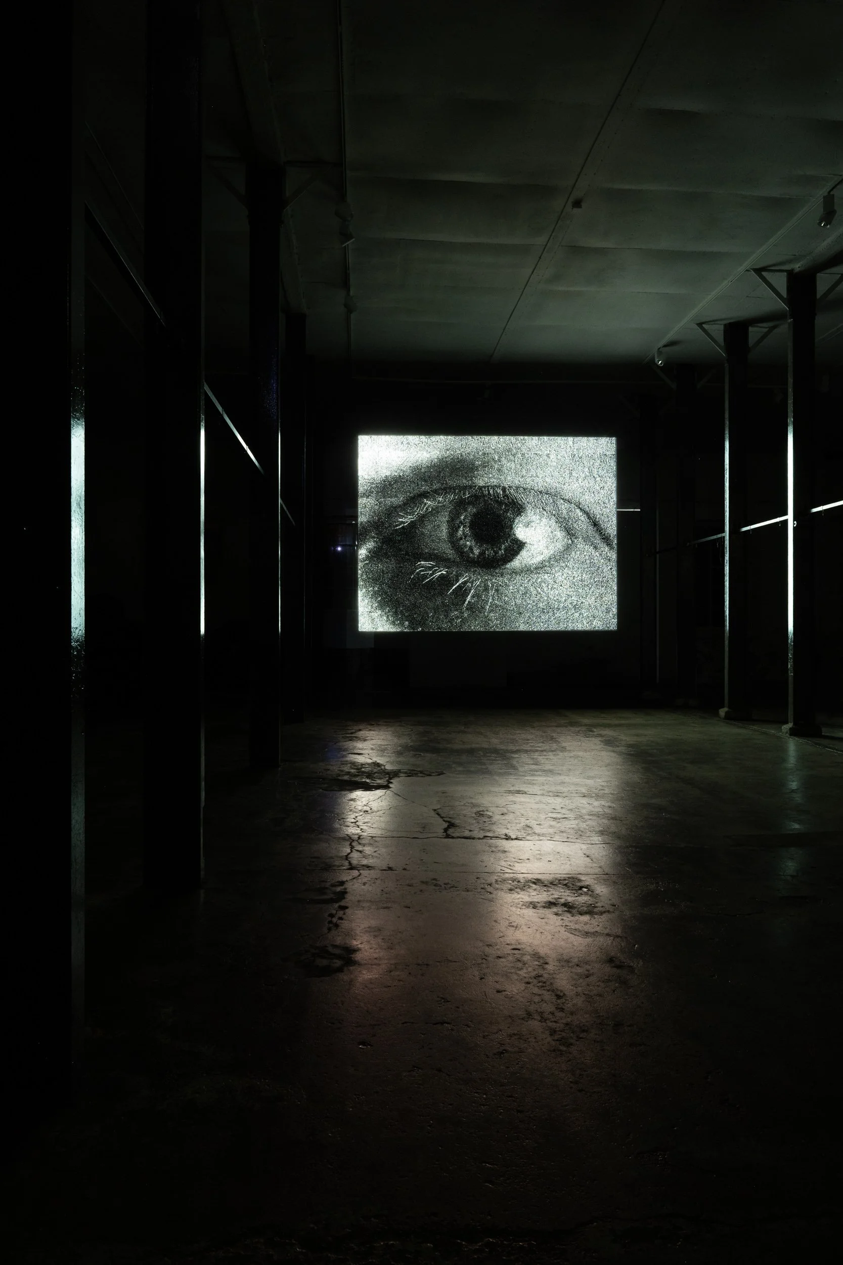 A dark room with a large pixelated black and white image of a human eye projected on the back wall.