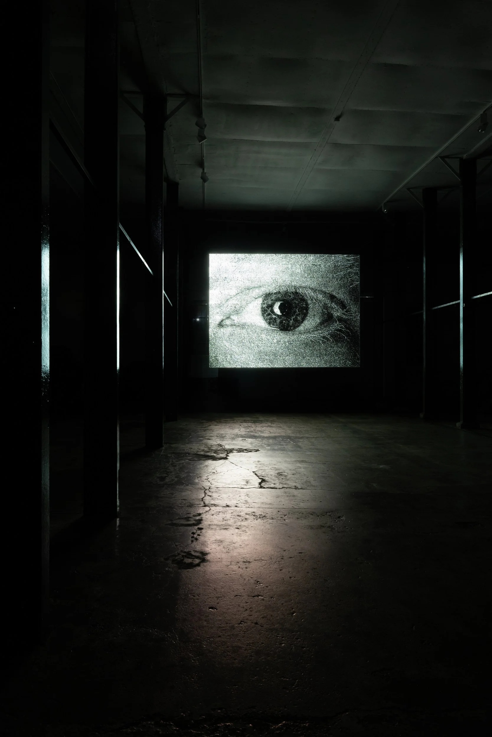 Dark room or studio with a large black and white image of an eye projected on the far wall.