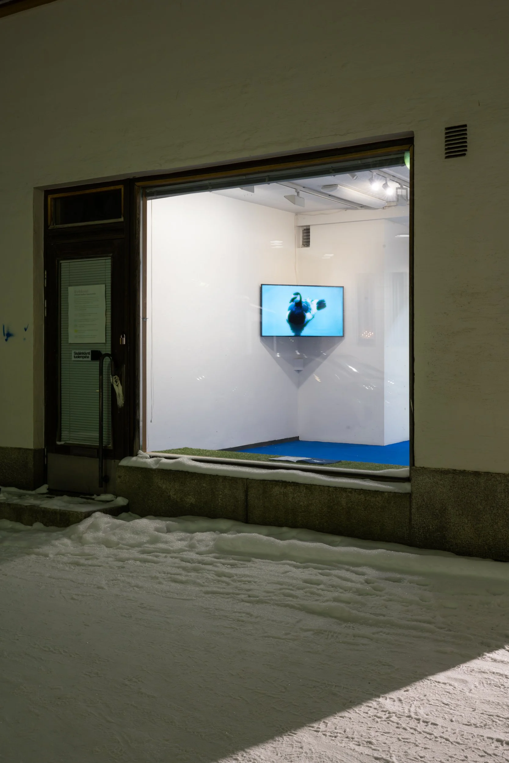 View of a storefront with an open window displaying a flat-screen TV showing a duck floating on water. Snow is on the ground outside.