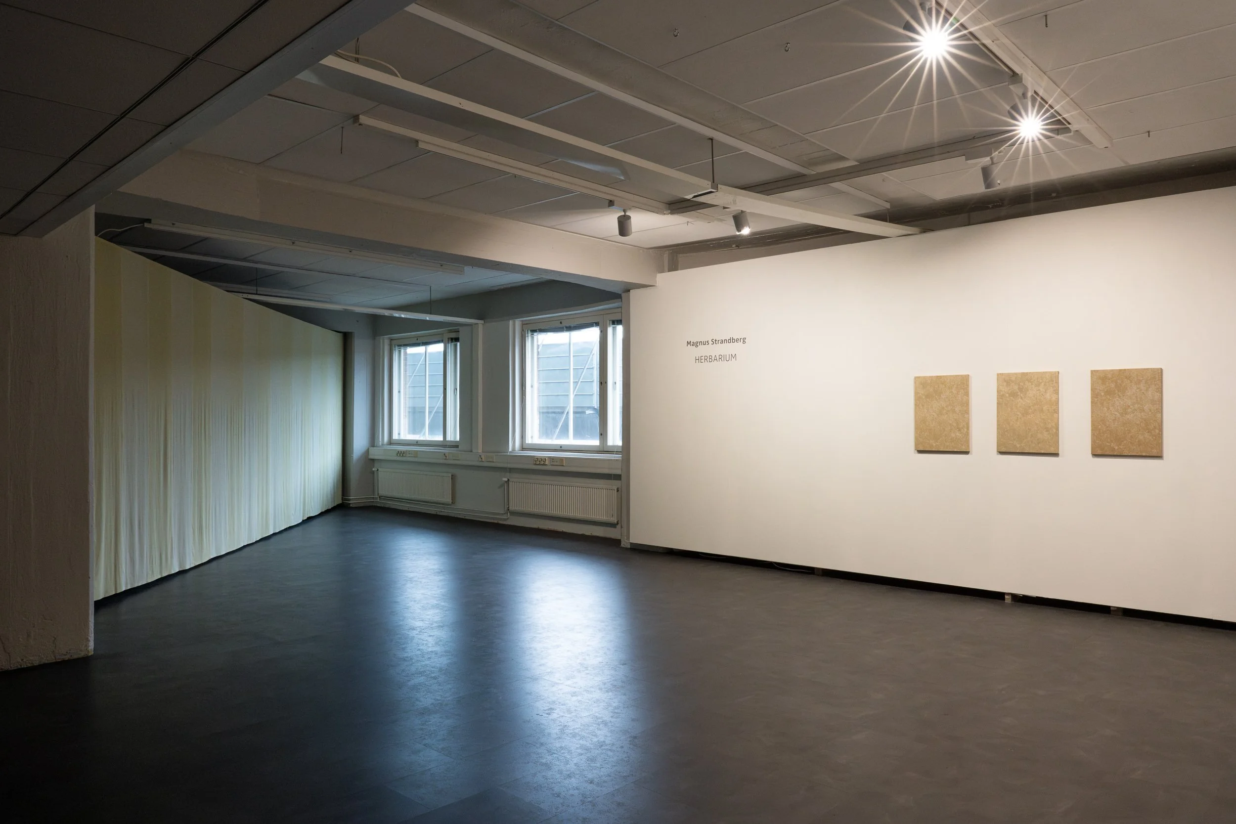 Empty art gallery with white wall and three square artworks, large windows, and ceiling spotlights.