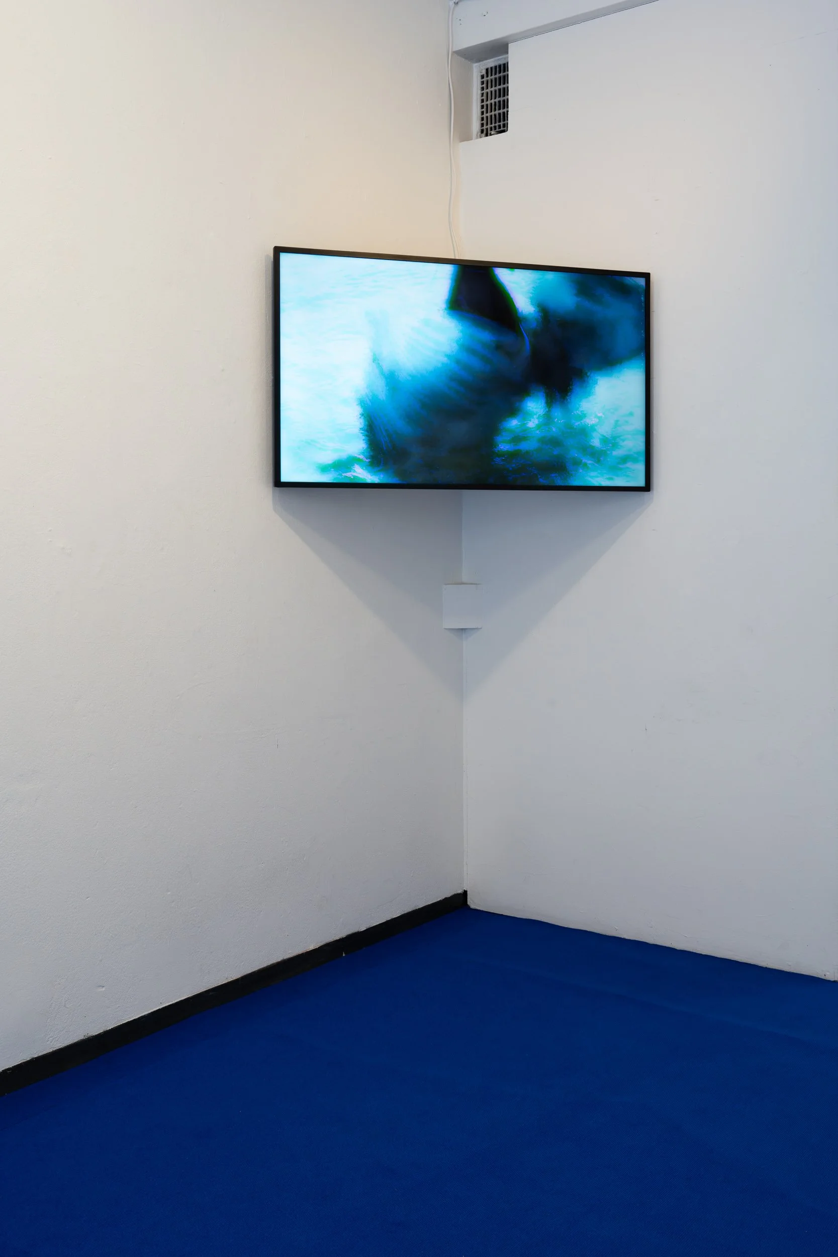 A corner of an art gallery with white walls and a blue carpeted floor. A flat-screen television mounted on the wall displays an abstract image with shades of blue and black.