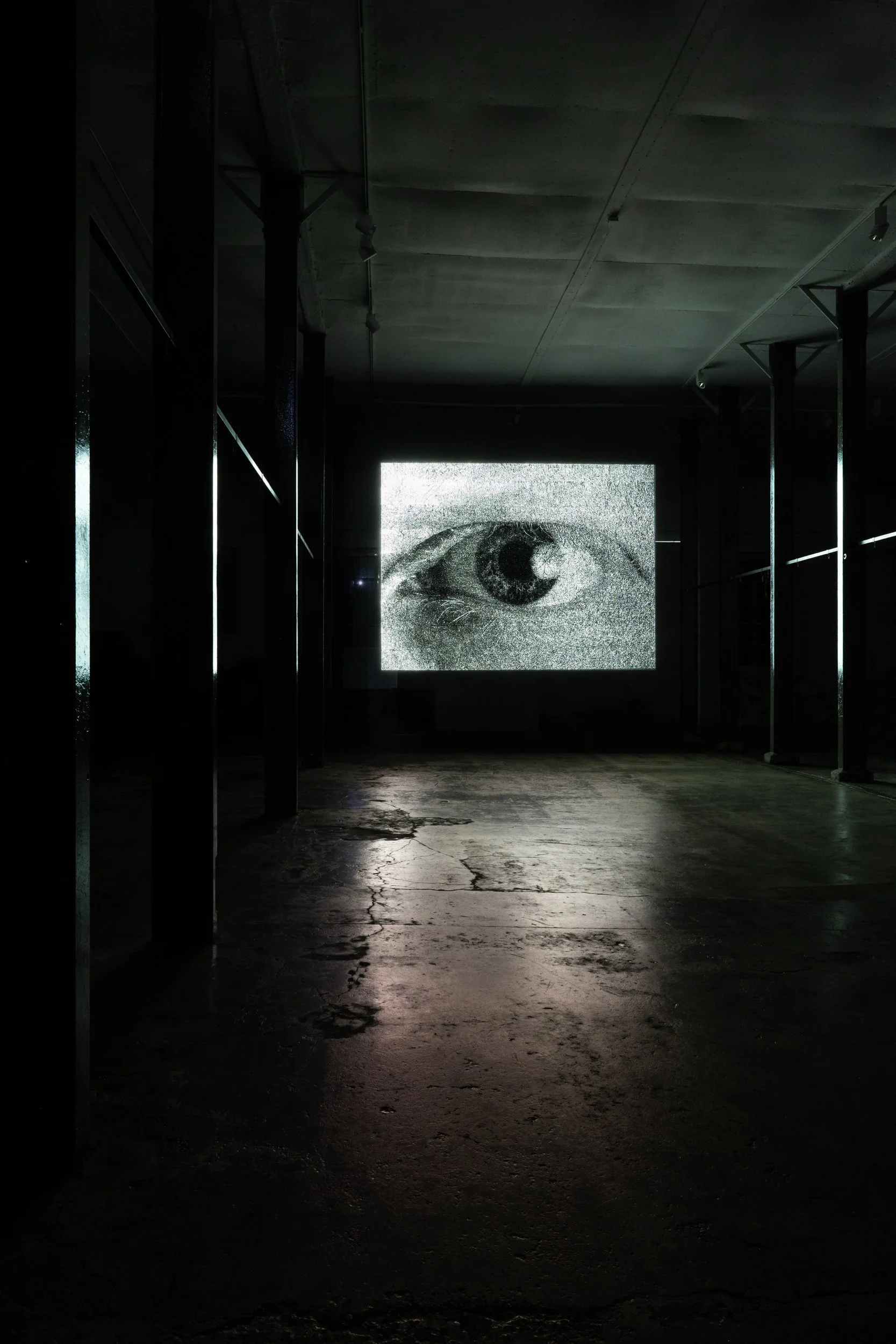 A dark industrial space with concrete floors and metal columns. At the far end, a large grayscale image of a human eye is projected on the wall. The space appears empty and dimly lit.