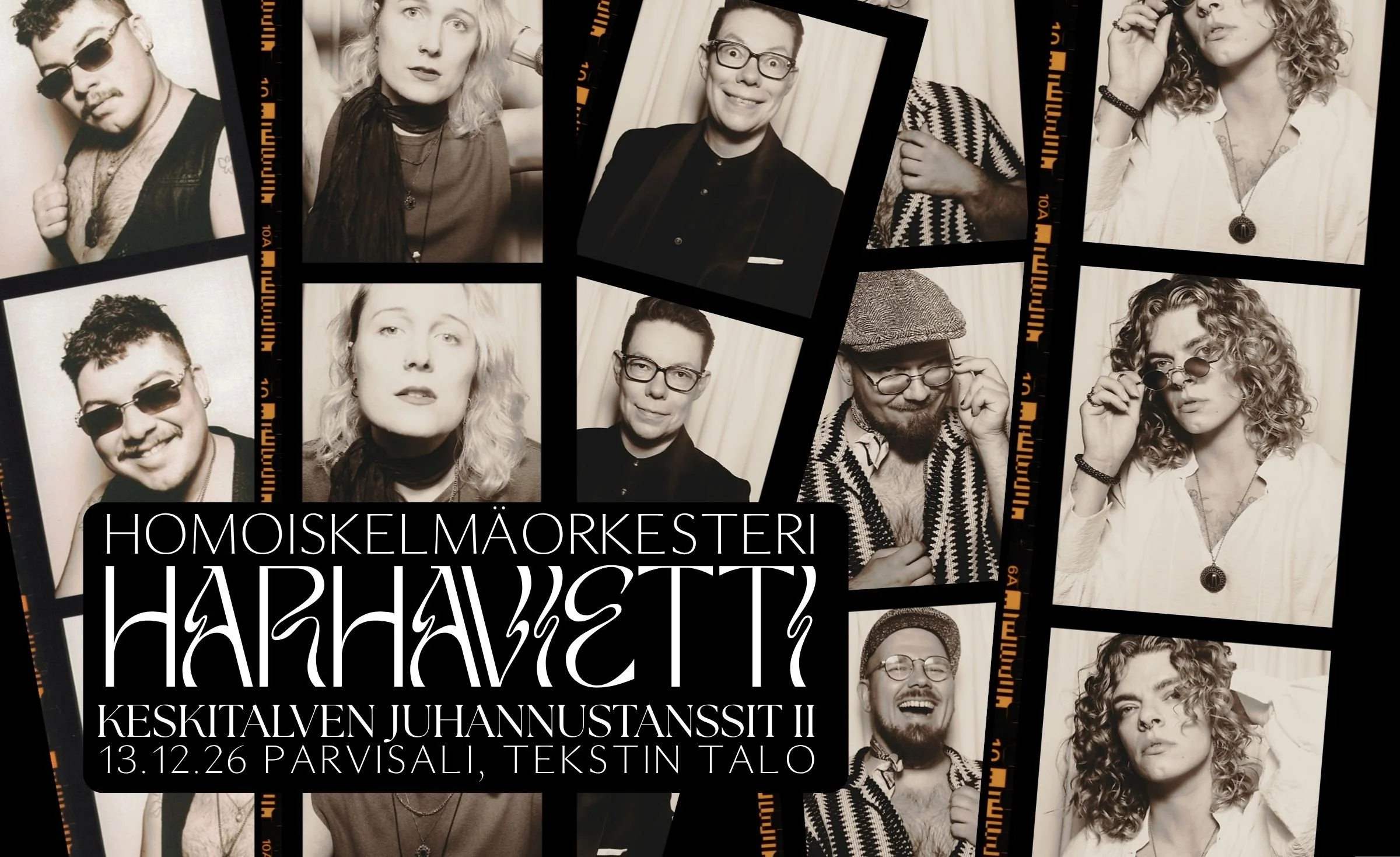 Homoiskelmäorkesteri Harhavietti - lavatanssit, keikka Tekstin talo, Parvisali 13.12.2026
Sara Puljula, Aleksi Kolmonen, Mira Eskelinen, Mana Vanamo, Tyrsky Jalava