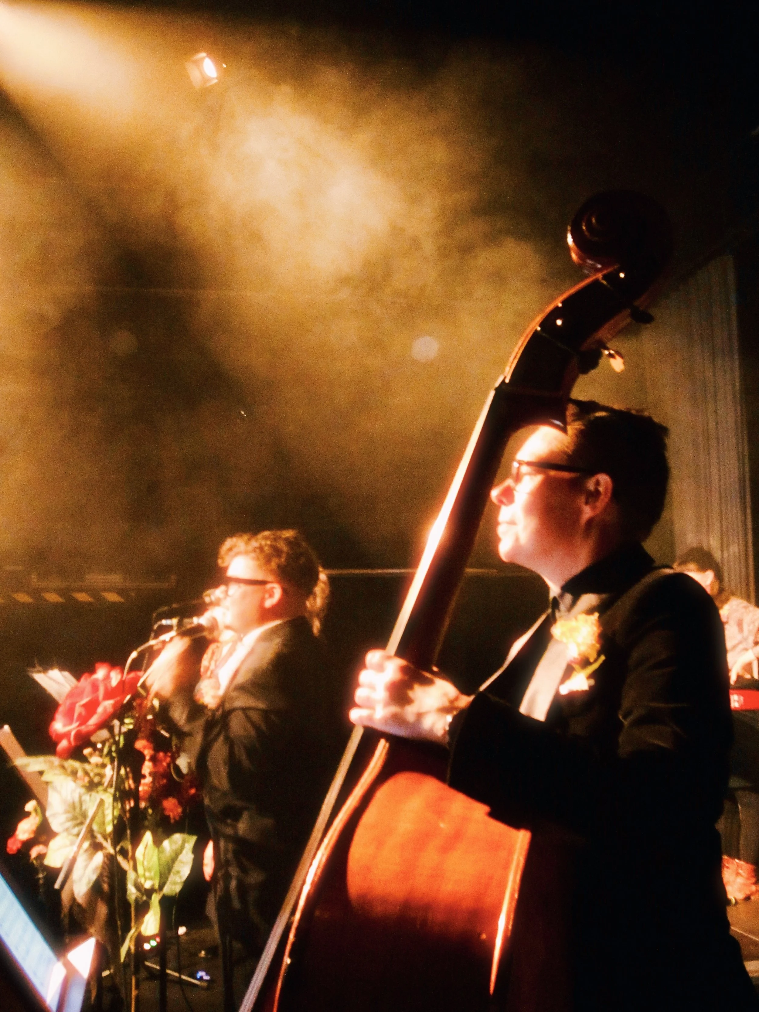 Musiikkiryhmä esittää konserttia. Sara Puljula soittaa kontrabassoa ja Aleksi Kolmonen ja Mana Vanamo laulaa taustalla. Ympärillä on kukkakimppuja ja kirkas valaistus.  Homoiskelmäorkesteri Harhavietti.