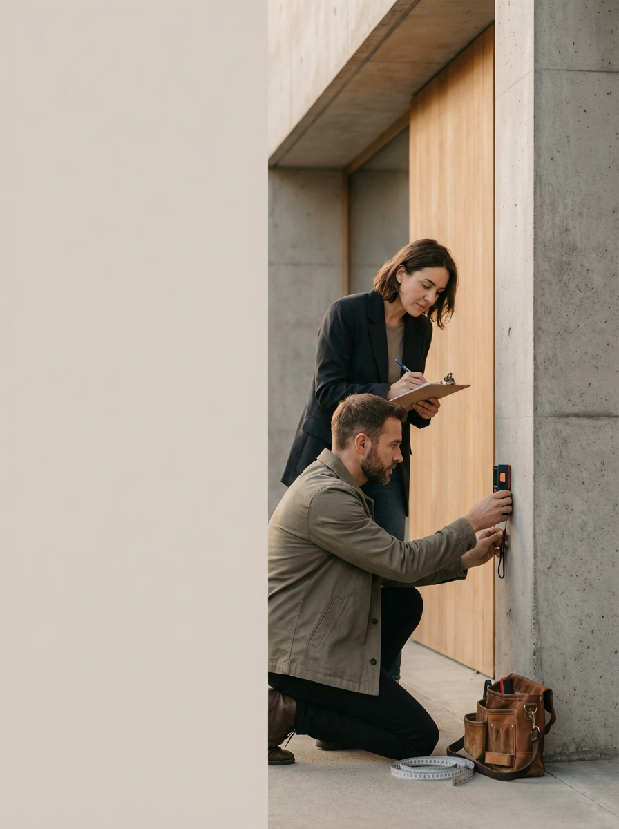 A man kneeling and using a level on a concrete wall while a woman stands beside him, writing on a clipboard.
