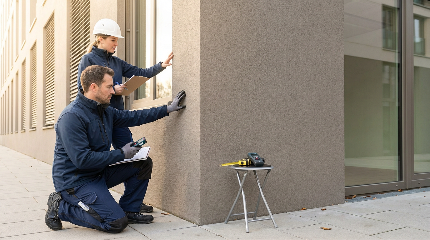 Two construction workers, a man and a woman, inspecting a building exterior. The man is kneeling and taking measurements with a tape, while the woman stands and notes on a clipboard. A small table holds a measuring tape and a handheld device, near a large glass door.