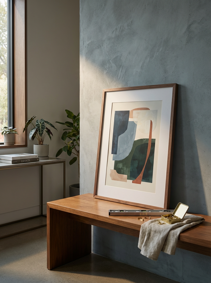 Abstract art print leaning against a textured wall on a wooden bench, with jewelry and fabric in front, next to a window with potted plants.