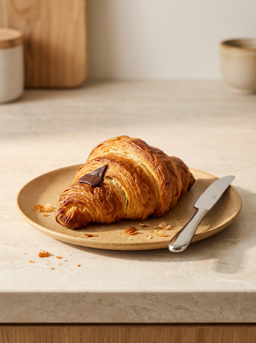 A croissant with a piece of chocolate on top on a beige plate, with a butter knife beside it, on a light-colored countertop.
