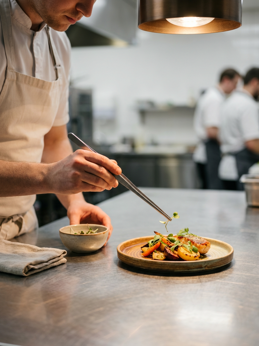 Chef garnishing a plated dish with herbs in a professional kitchen.