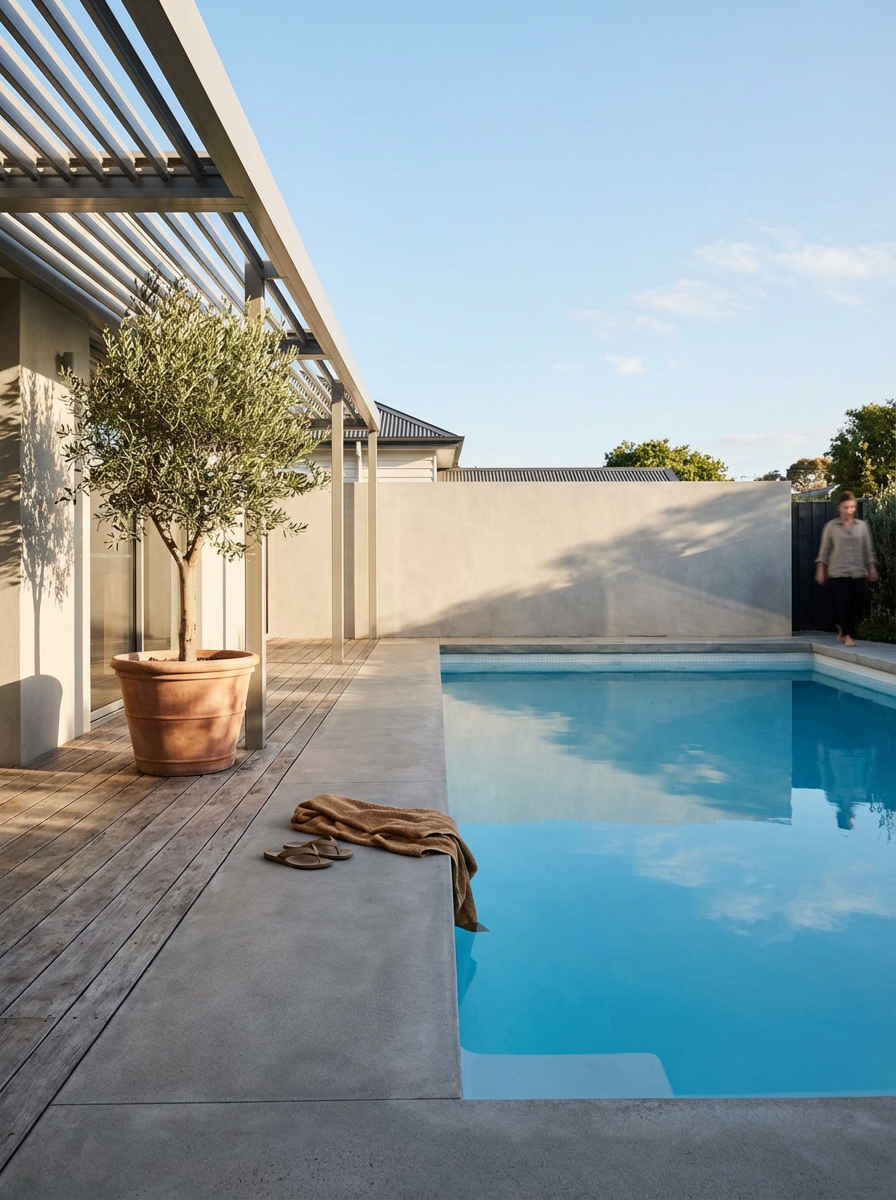 A modern backyard featuring a swimming pool with clear blue water, a potted olive tree, a towel, and sandals on a concrete and wooden deck, with a woman walking along the yard.