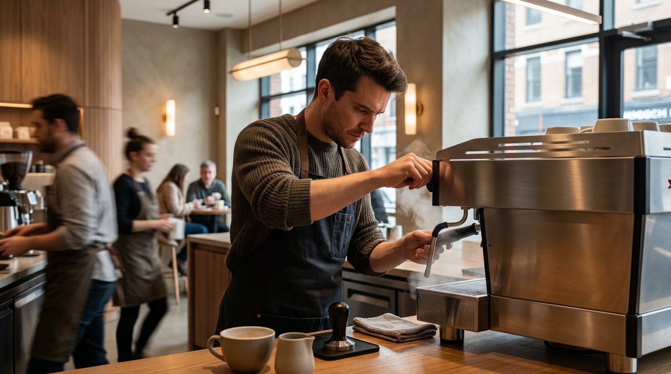 Barista preparing coffee behind the counter of a modern coffee shop, wearing a brown sweater and apron.