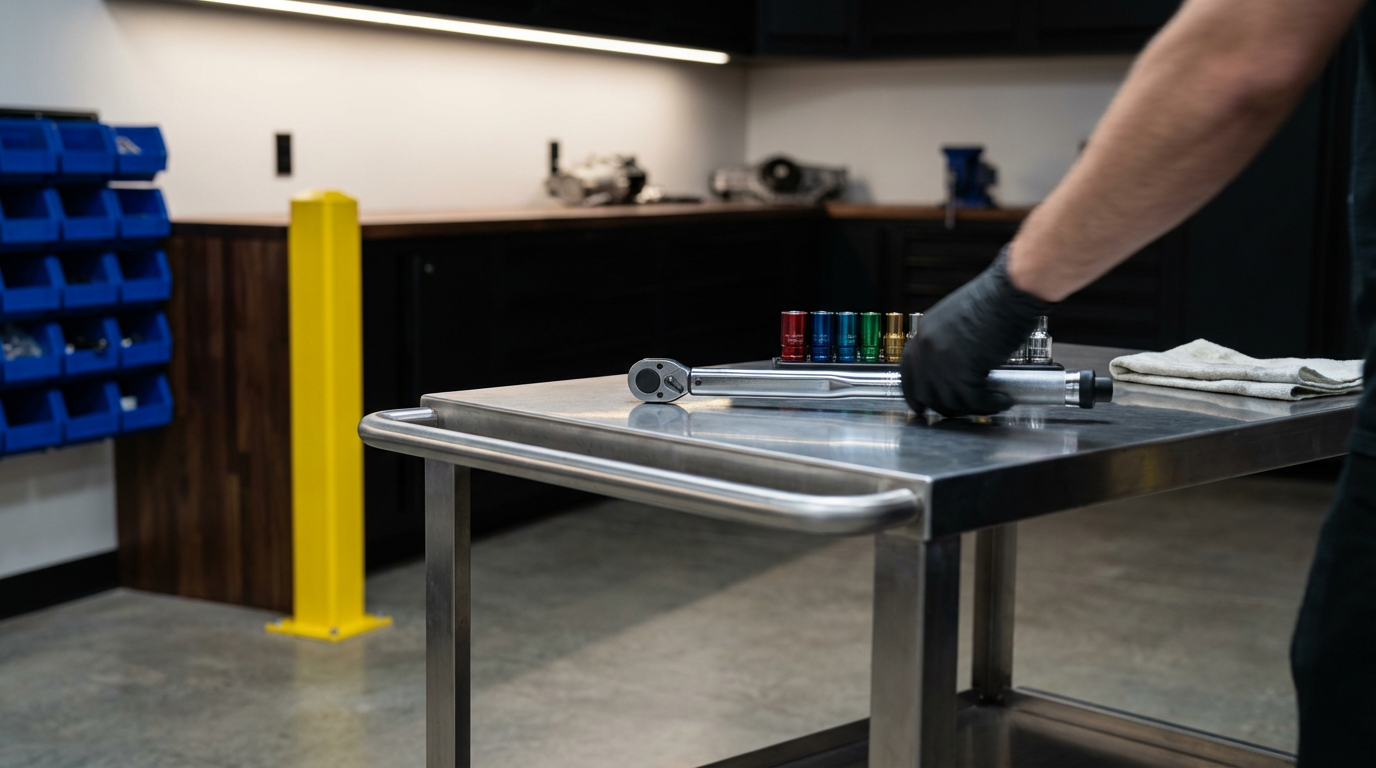 Person working with a torque wrench on a metal table, with color-coded sockets.
