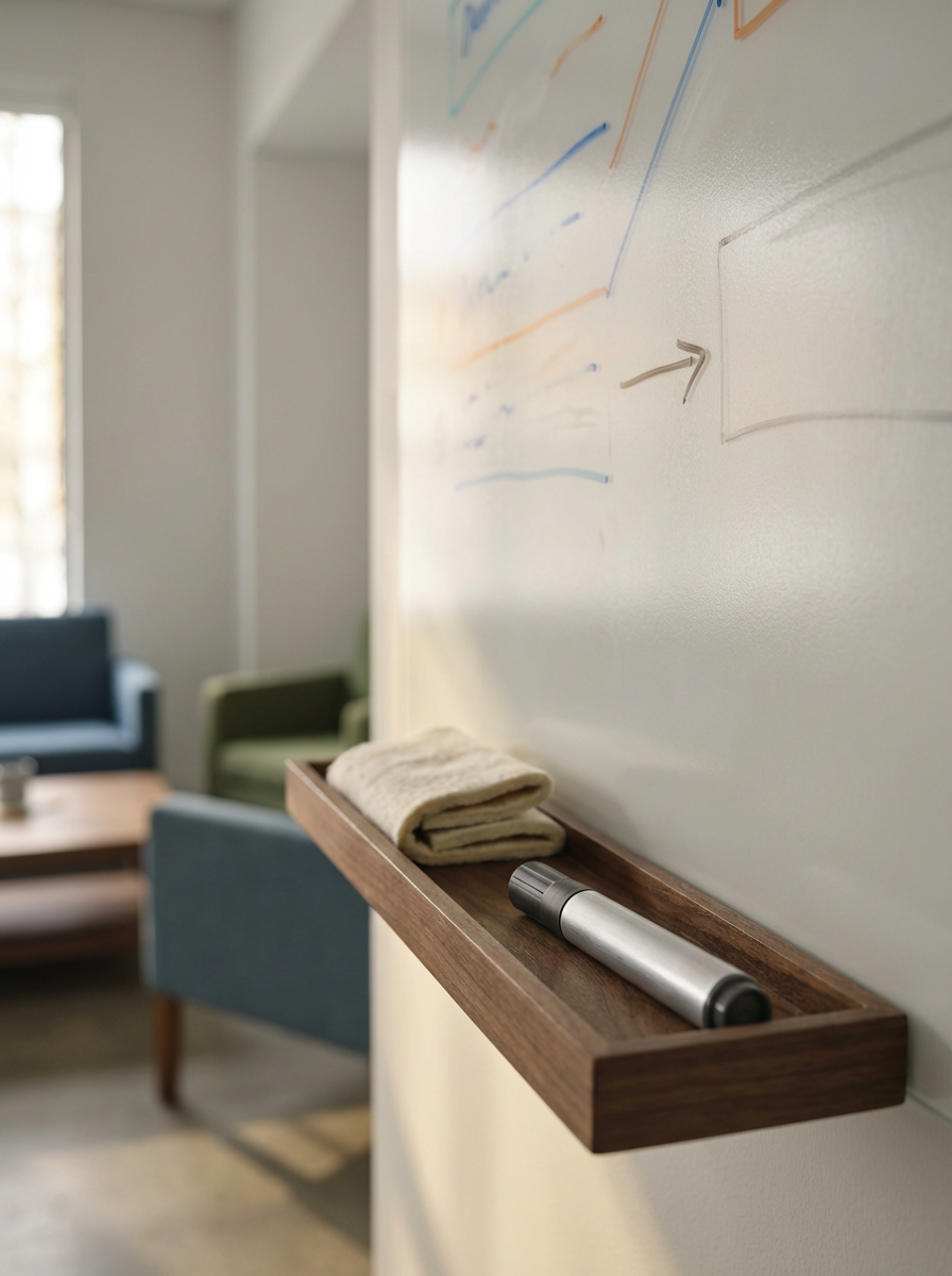 Whiteboard with marker lines and arrows, a folded towel, and a water bottle resting on a wooden shelf in a room with chairs and a window.